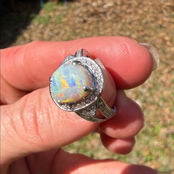 Natural Opal and Diamond Ring 14k White Gold - Picture 13 of 17